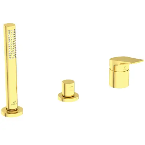 Goldenes Badarmaturenset von Ideal Standard, bestehend aus einem Auslauf mit Handbrause und Steuerung, für den Wannenrand geeignet.